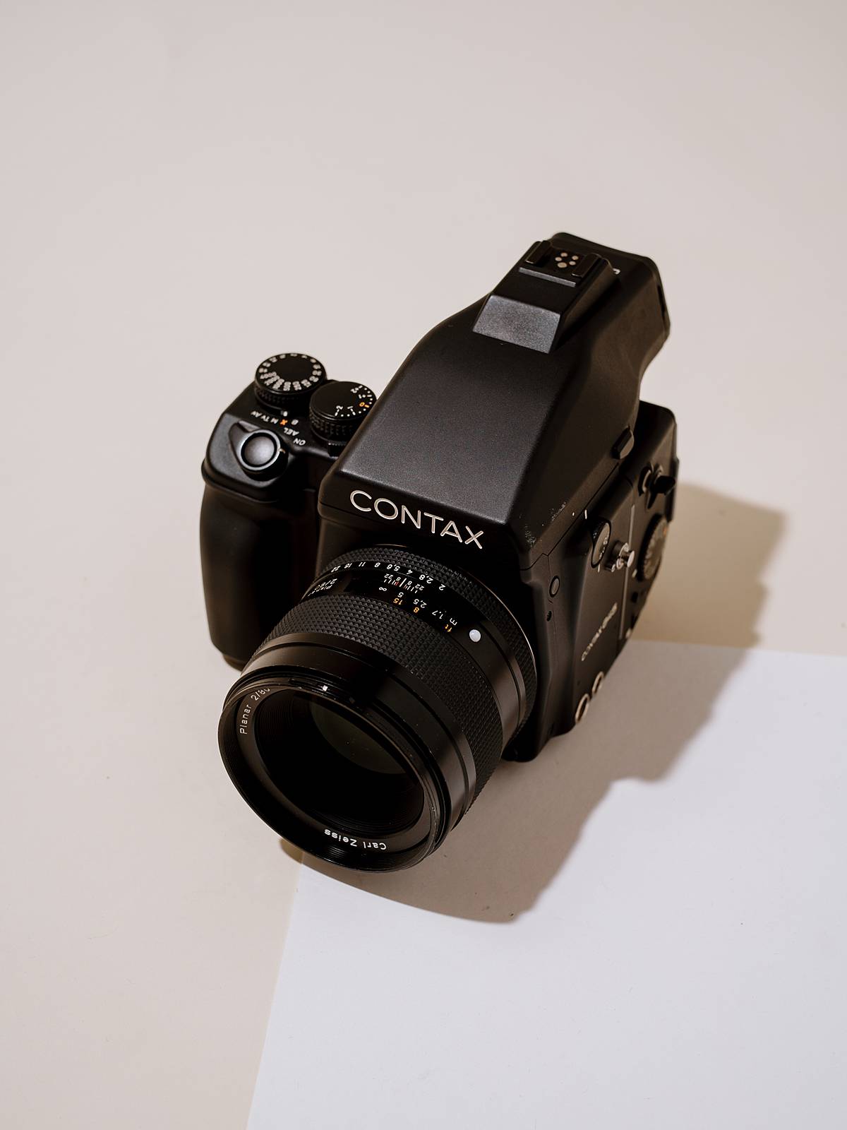 contax 645 medium format film camera review with body in studio and lit like product photography