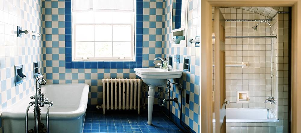 vintage blue bathroom tile at felt mansion west michigan wedding venue