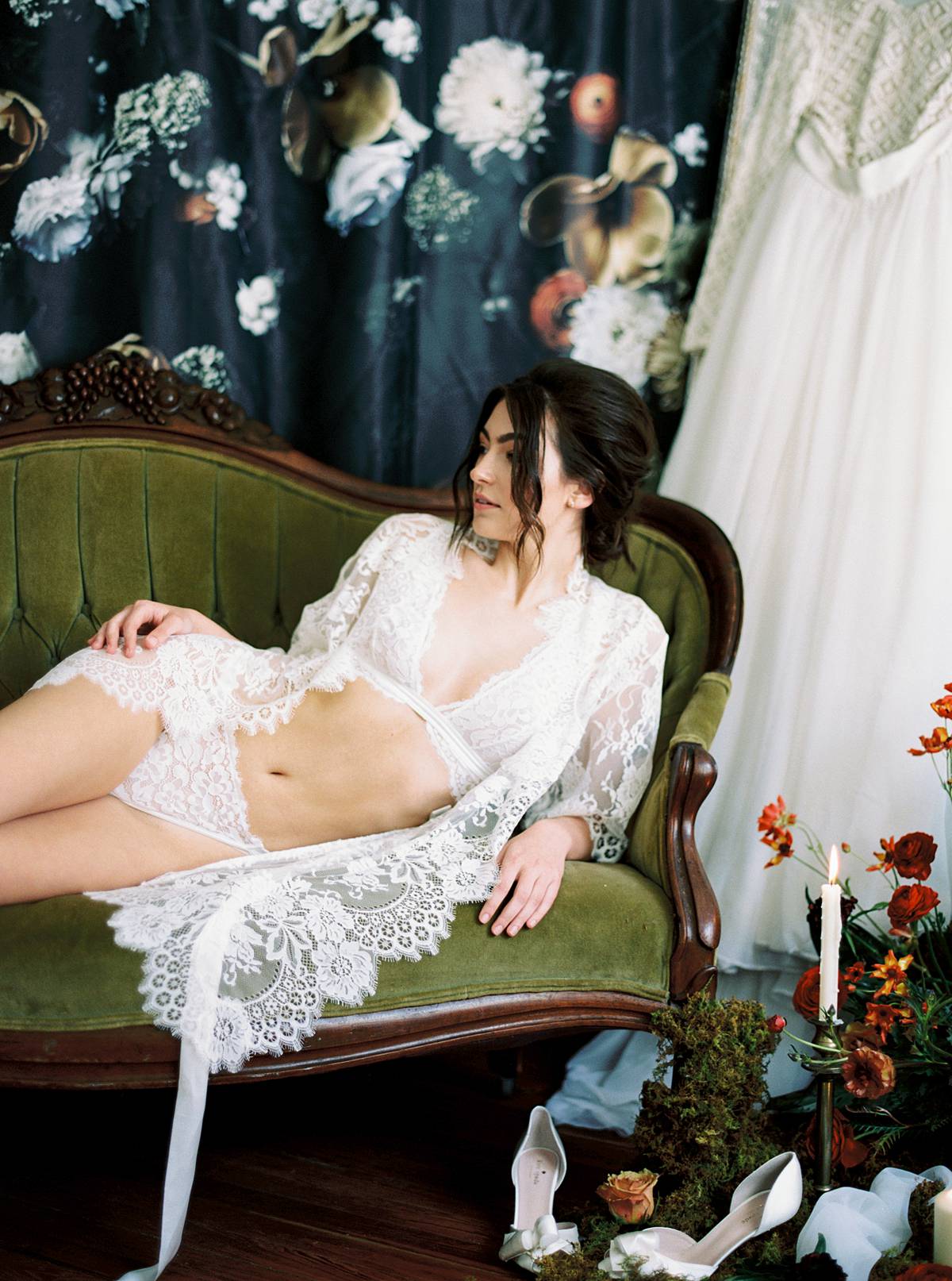 styled charleston bridal boudoir session at wingate plantation in south carolina with lingerie and lace robe and flowers