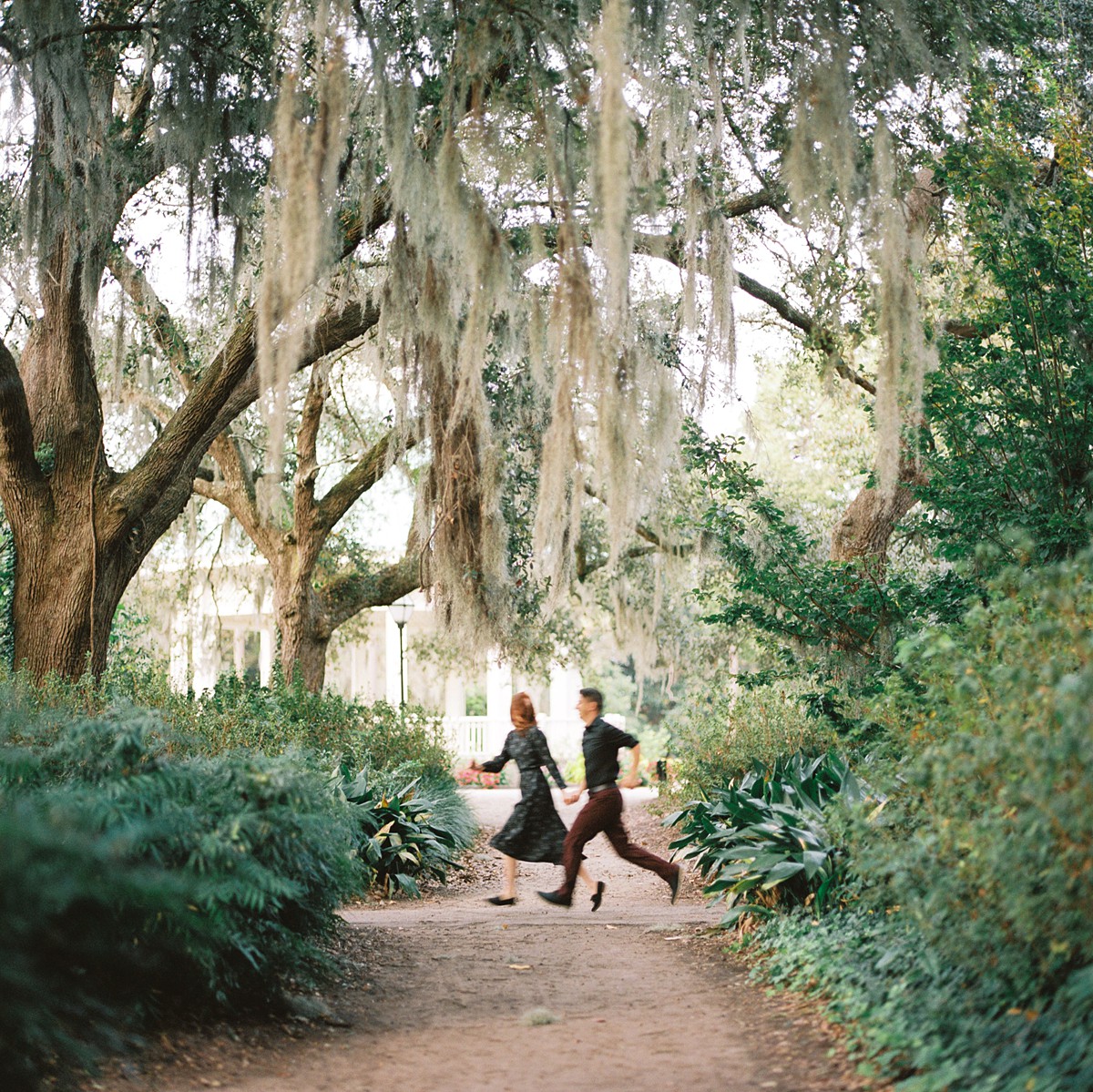 couple running through oak trees in downtown charleston sc for anniversary portrait session on kodak portra 800 film and hasselblad