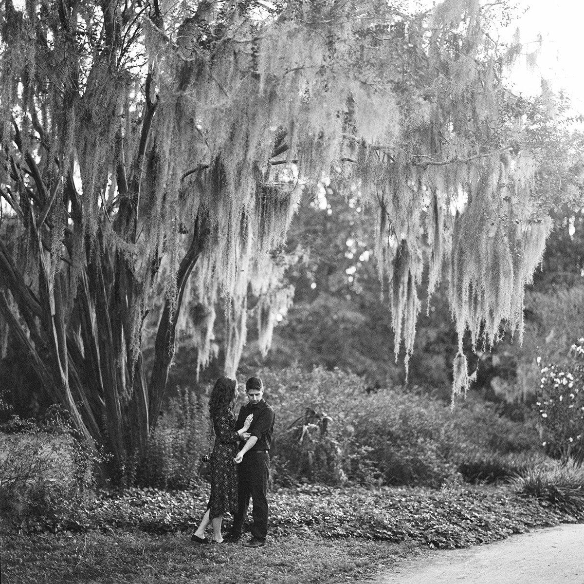 kodak tri-x 400 black and white medium format film portrait of charleston couple at hampton park