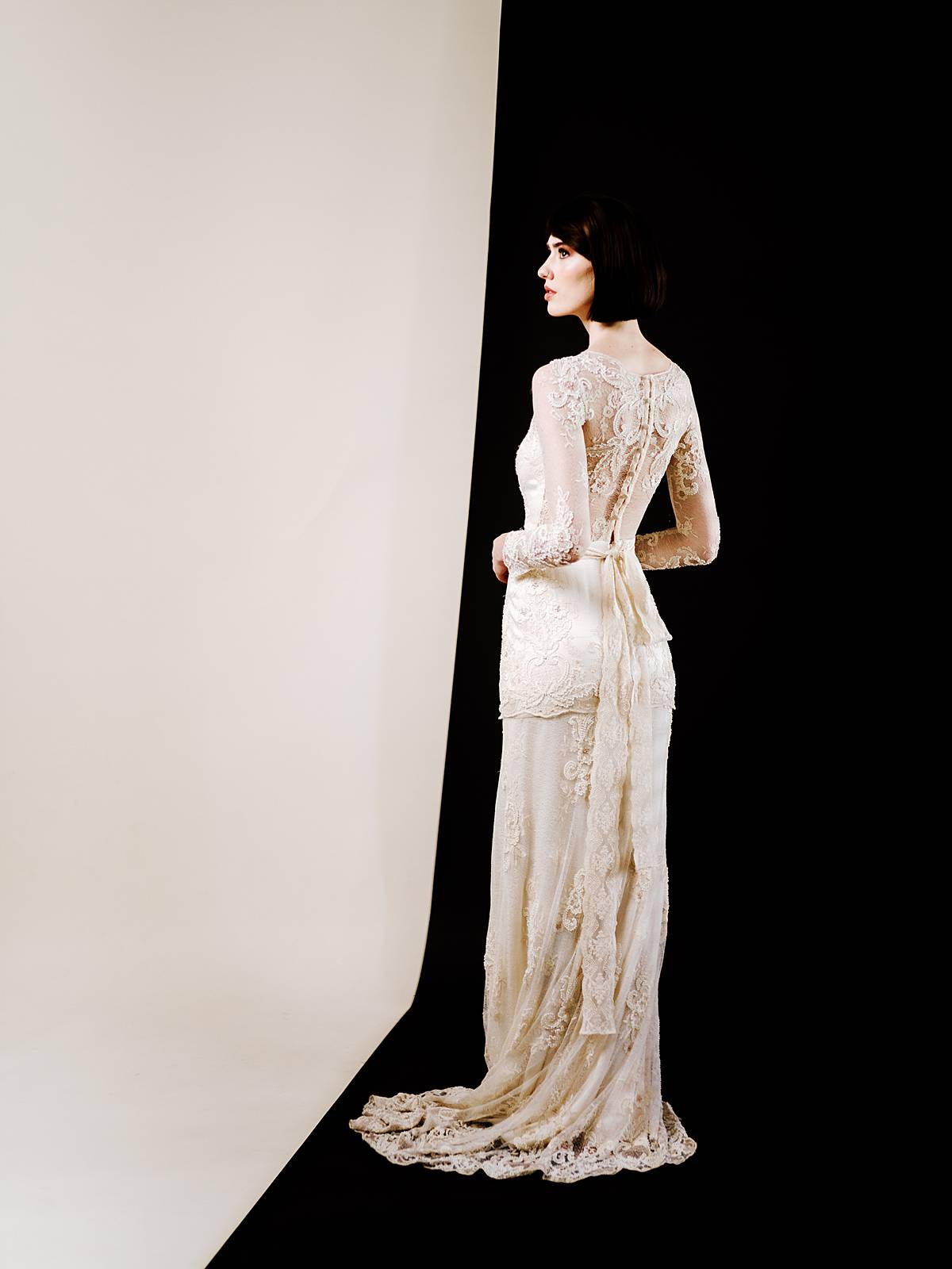 lace wedding dress back in cream by claire pettibone photographed in studio by brian d smith photography