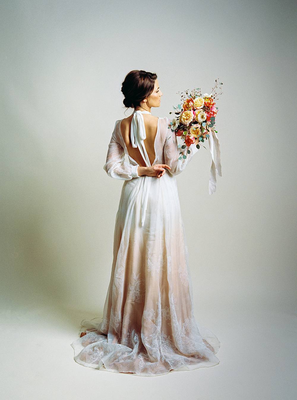 studio sixty reid bridal portrait on kodak film by charleston wedding photographer brian d smith photography with earth tone bouquet and emily kotarski gown