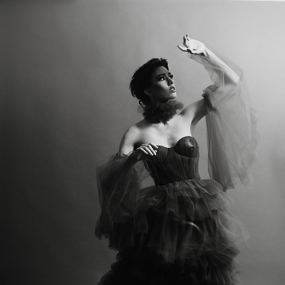 Classic studio fashion editorial on black and white film with a tulle dress