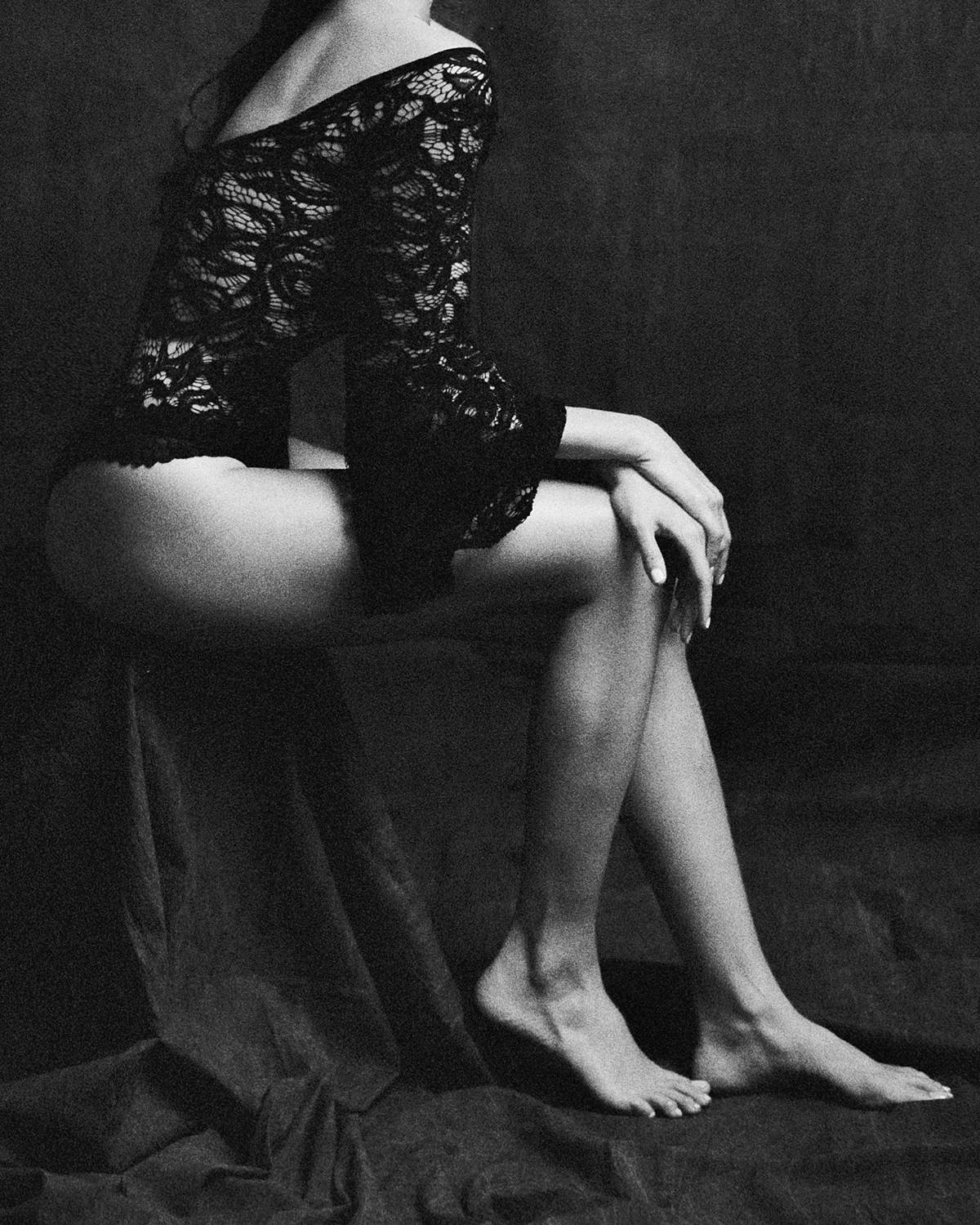 lace bodysuit boudoir photography portrait on black and white film in charleston sc photography studio