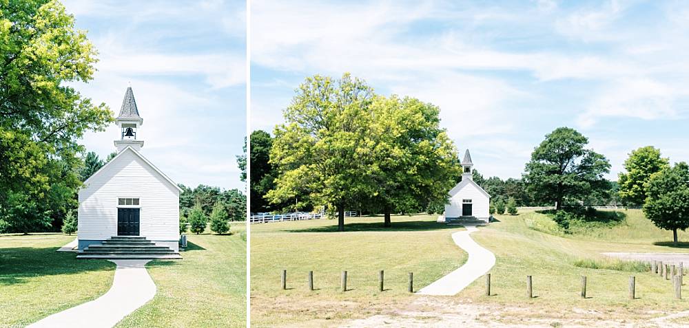 outdoor wedding ceremony in front of white chapel at west michigan wedding venue Felt Mansion