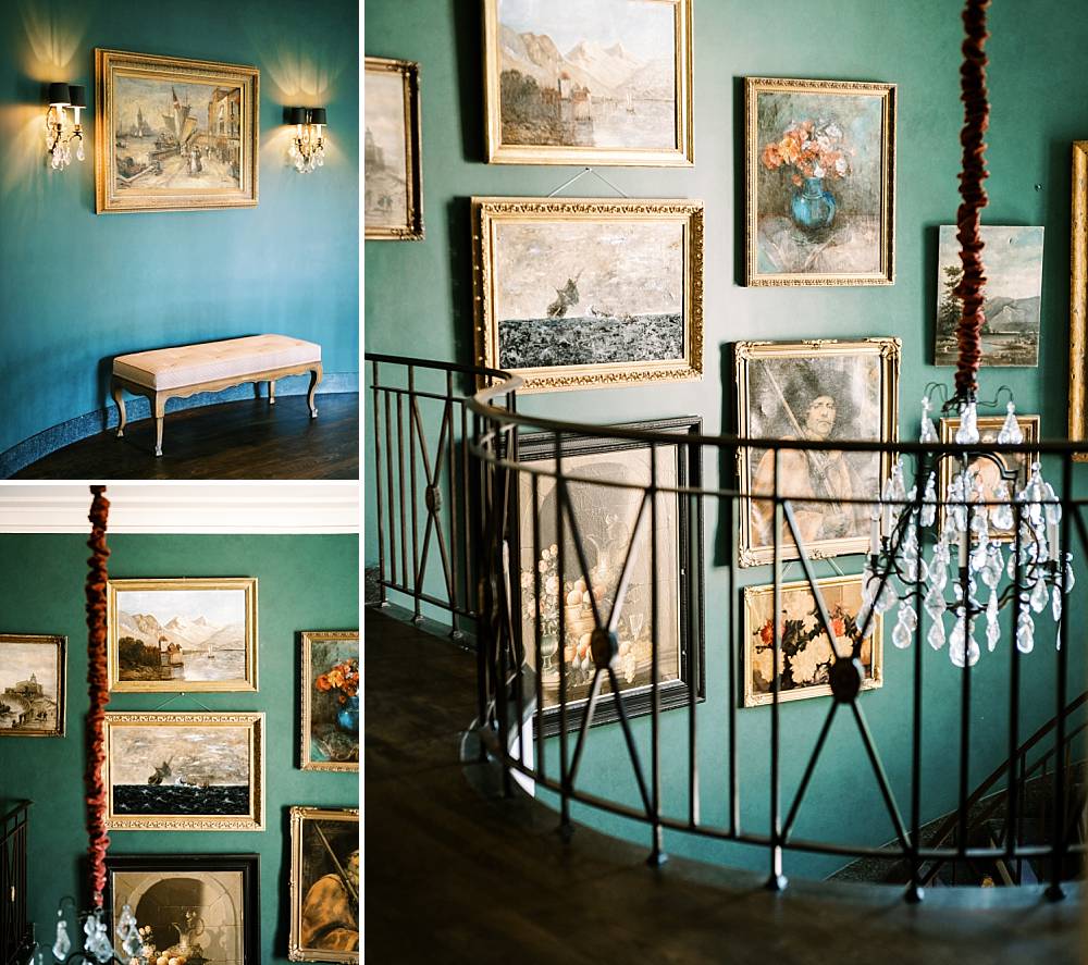 french architecture and paintings on the teal walls of greencrest manor wedding venue in west michigan by brian d smith photography