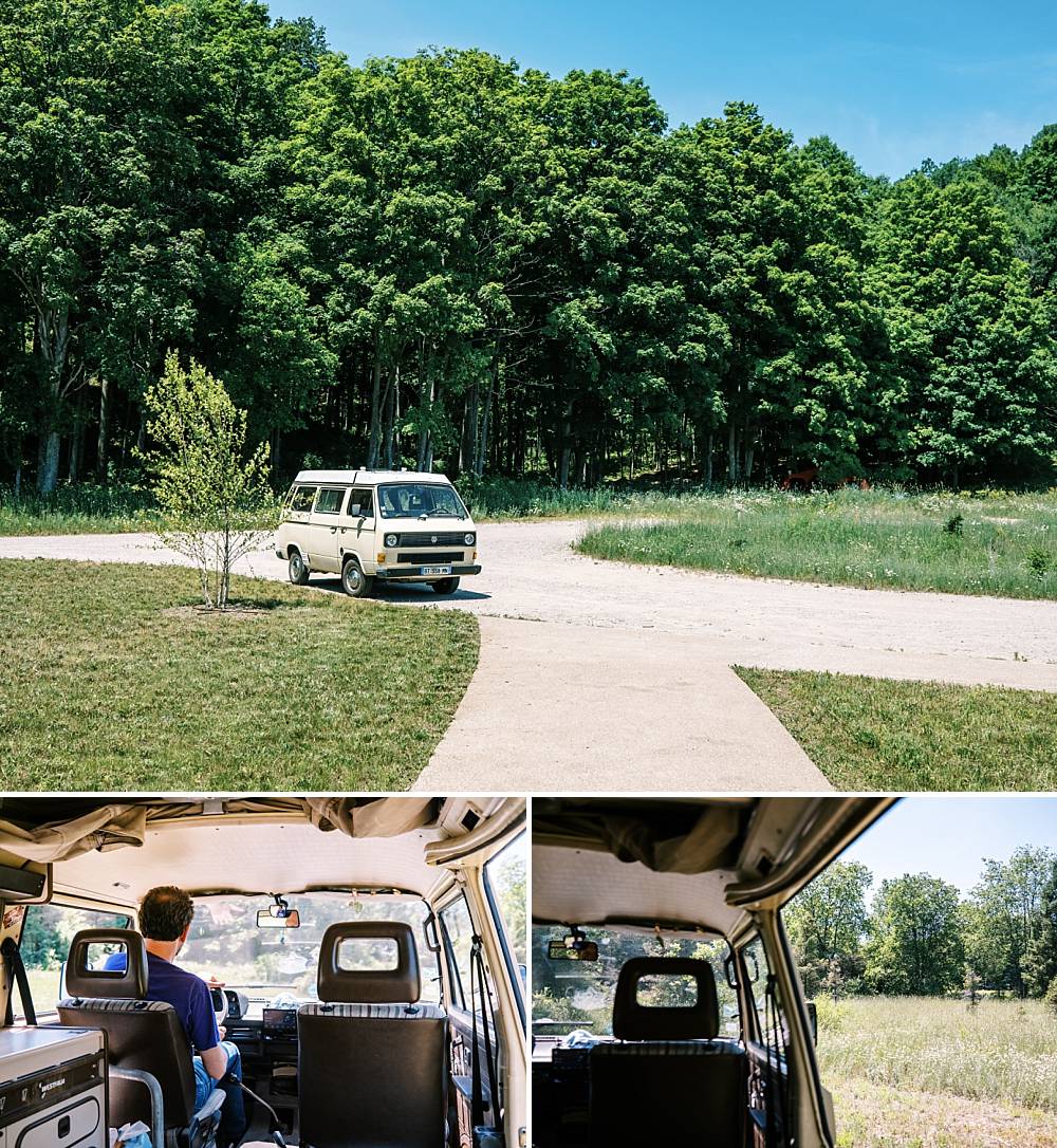 yellow volkswagen camper van in northern michigan at nature wedding venue by brian d smith photography