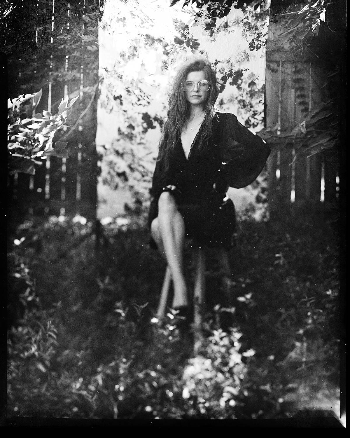 4x5 film portrait on expired kodak film of model in black dress by charleston portrait photographer brian d smith