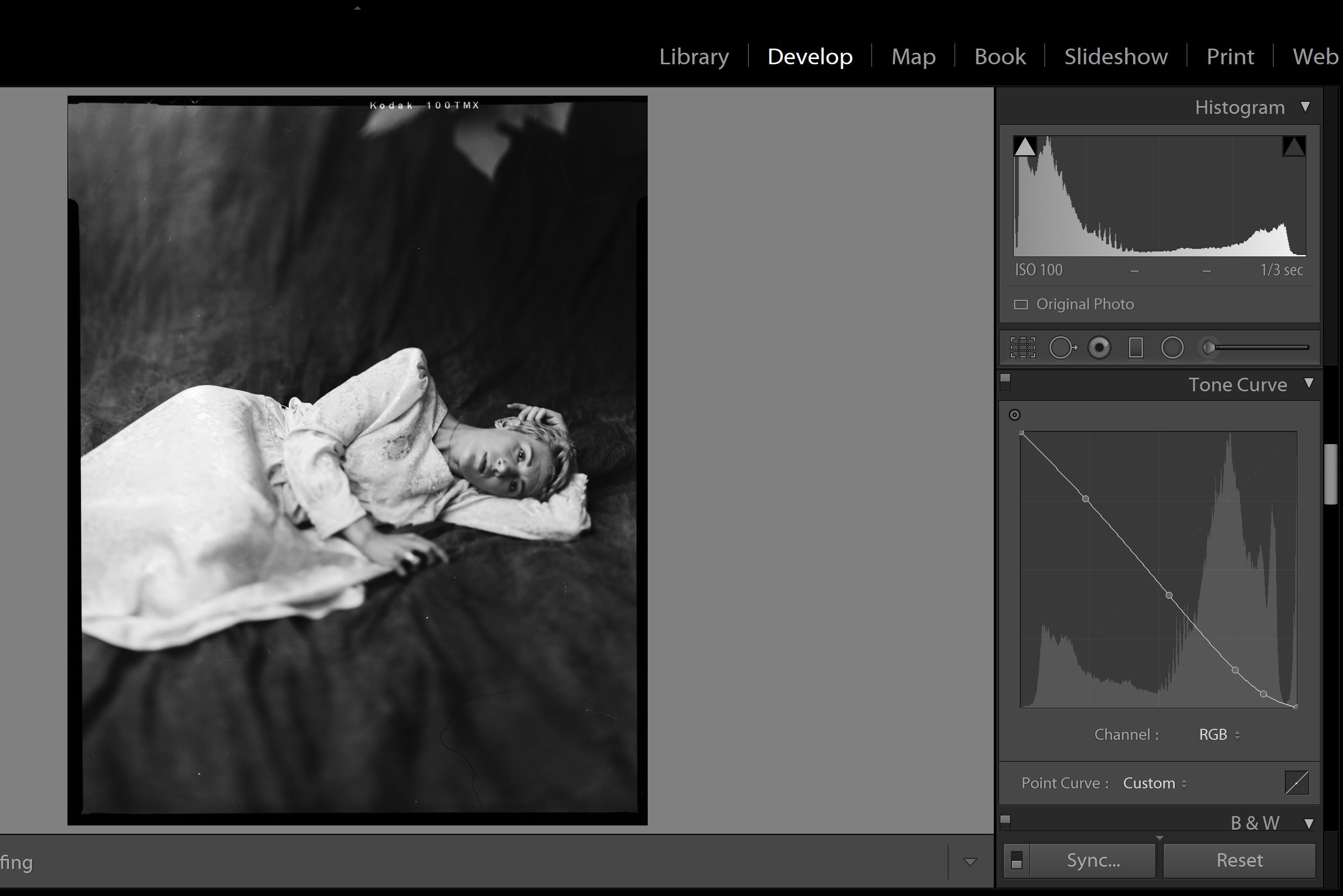 inverting scanned black and white film negatives in lightroom using the histogram
