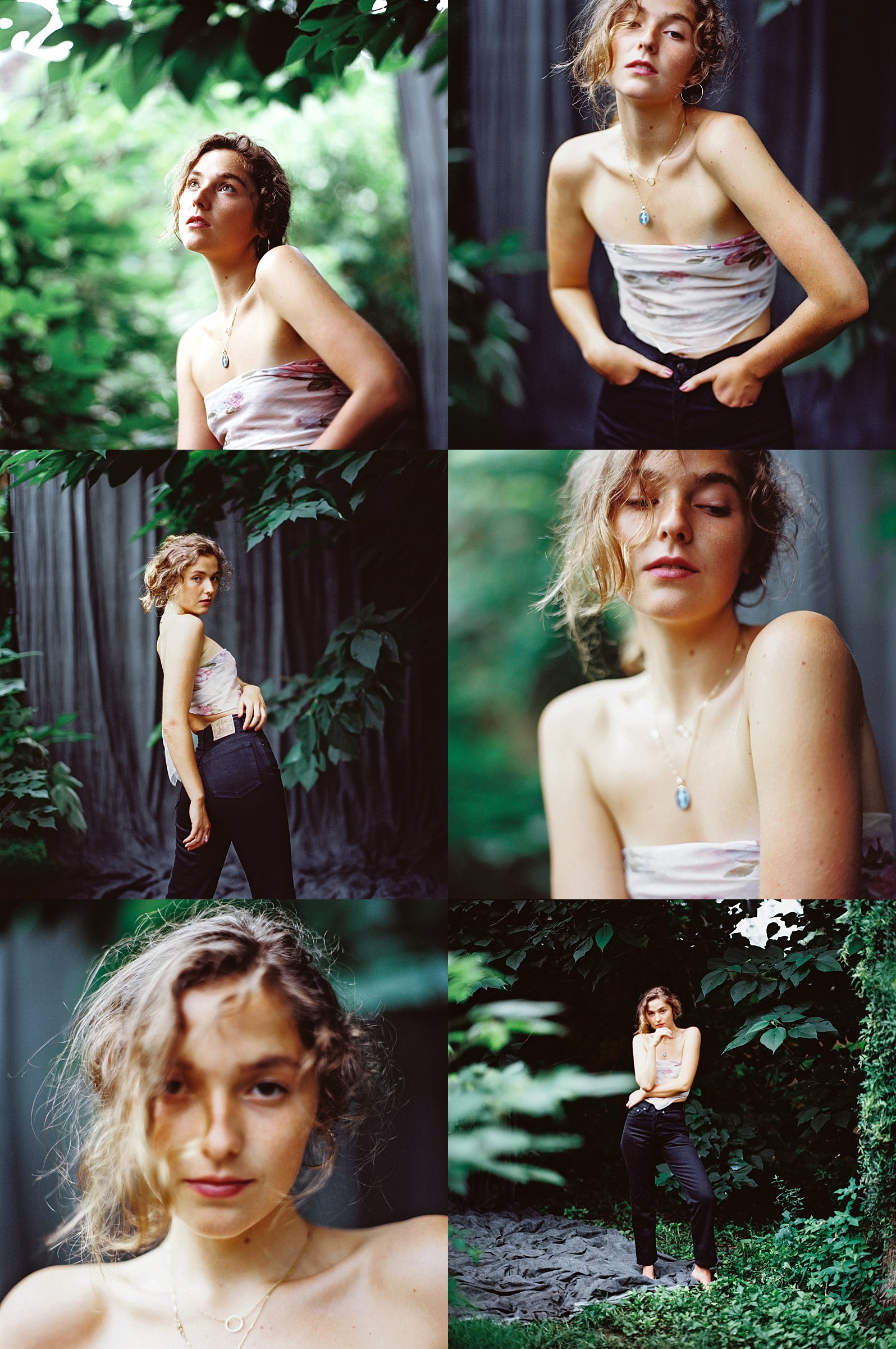 medium format film portraits of girl in backyard fashion editorial in charleston sc wearing bandana top