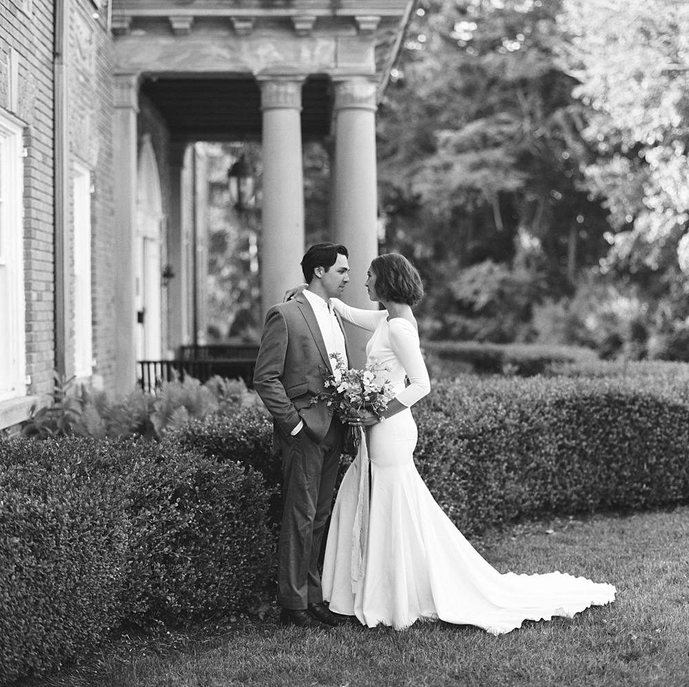 black and white film portrait of bride and groom at felt mansion wedding by brian d smith photography on hasselblad and kodak t-max 400