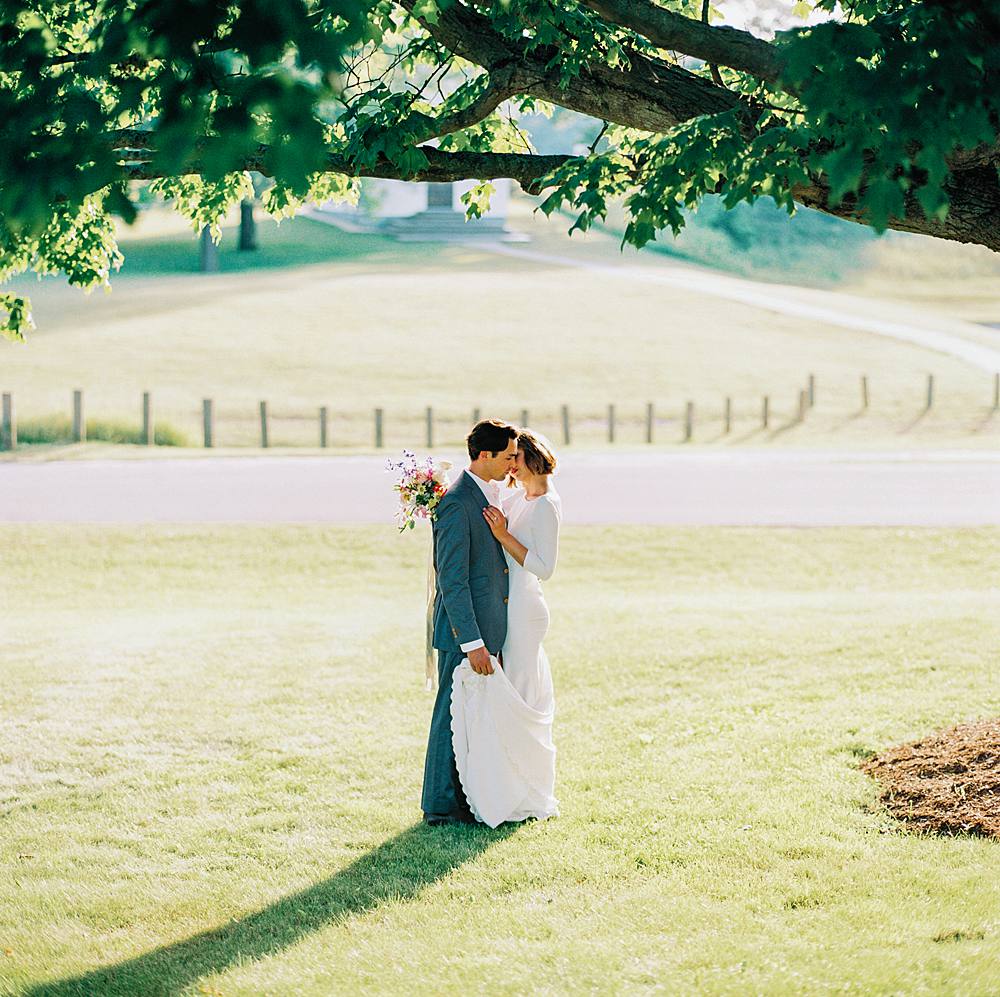 bride and groom portrait on medium format kodak film at west michigan wedding venue felt mansion