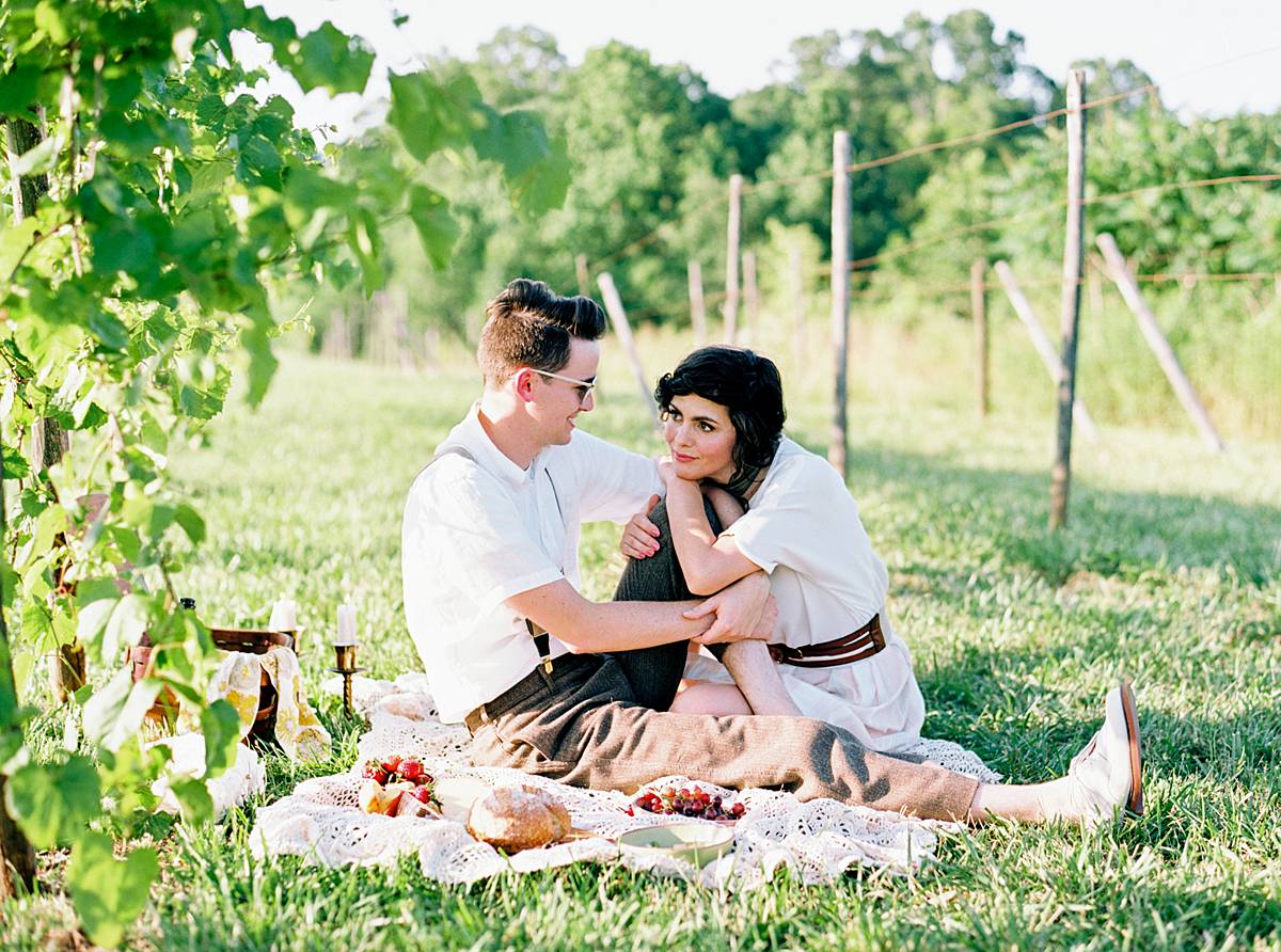 elopement picnic in the vineyards photographed at hotel domestique during spring elopement in south carolina on kodak film