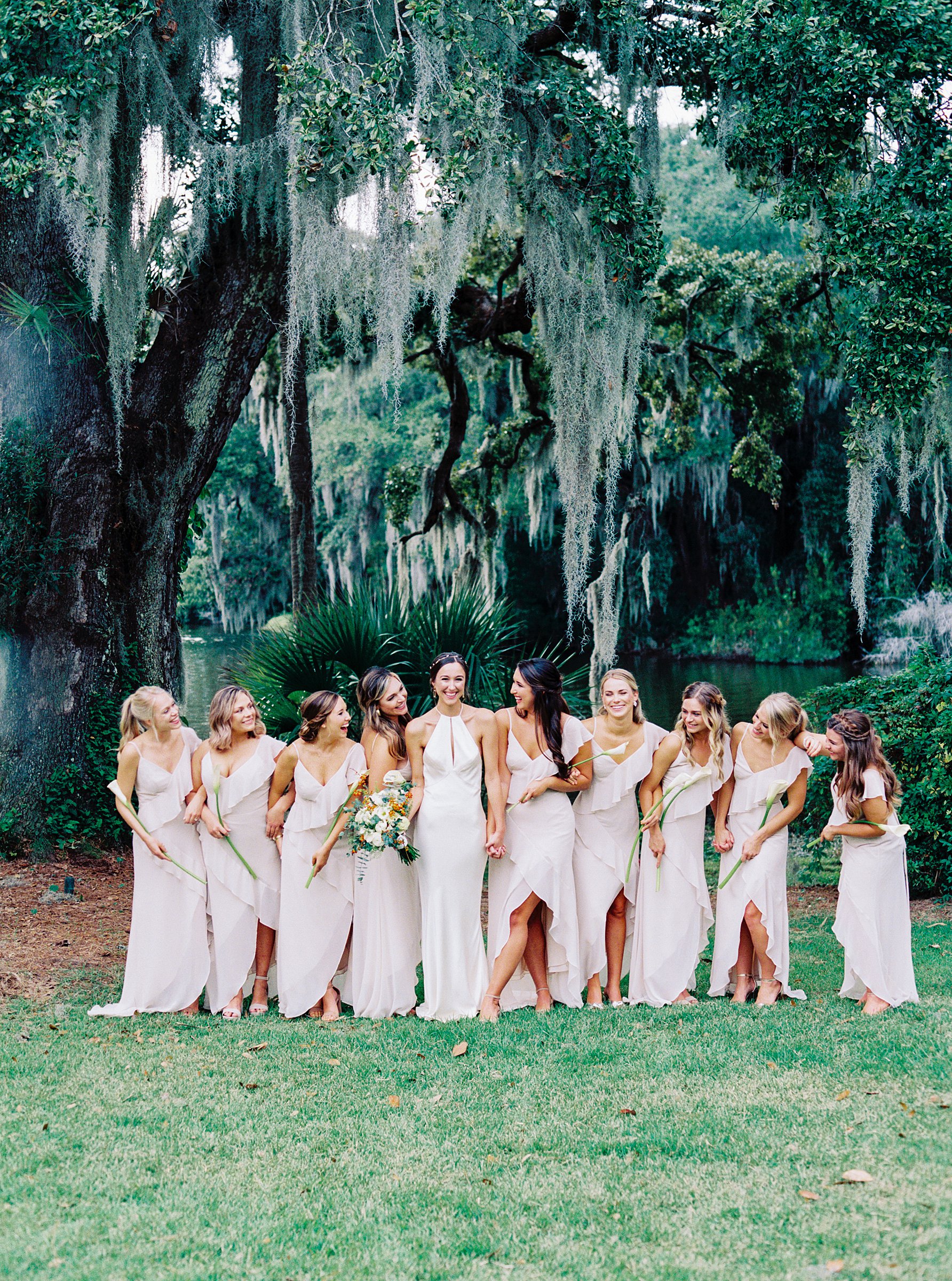 bridesmaids at charleston sc wedding venue legare waring captured on kodak portra 800 film with a contax 645