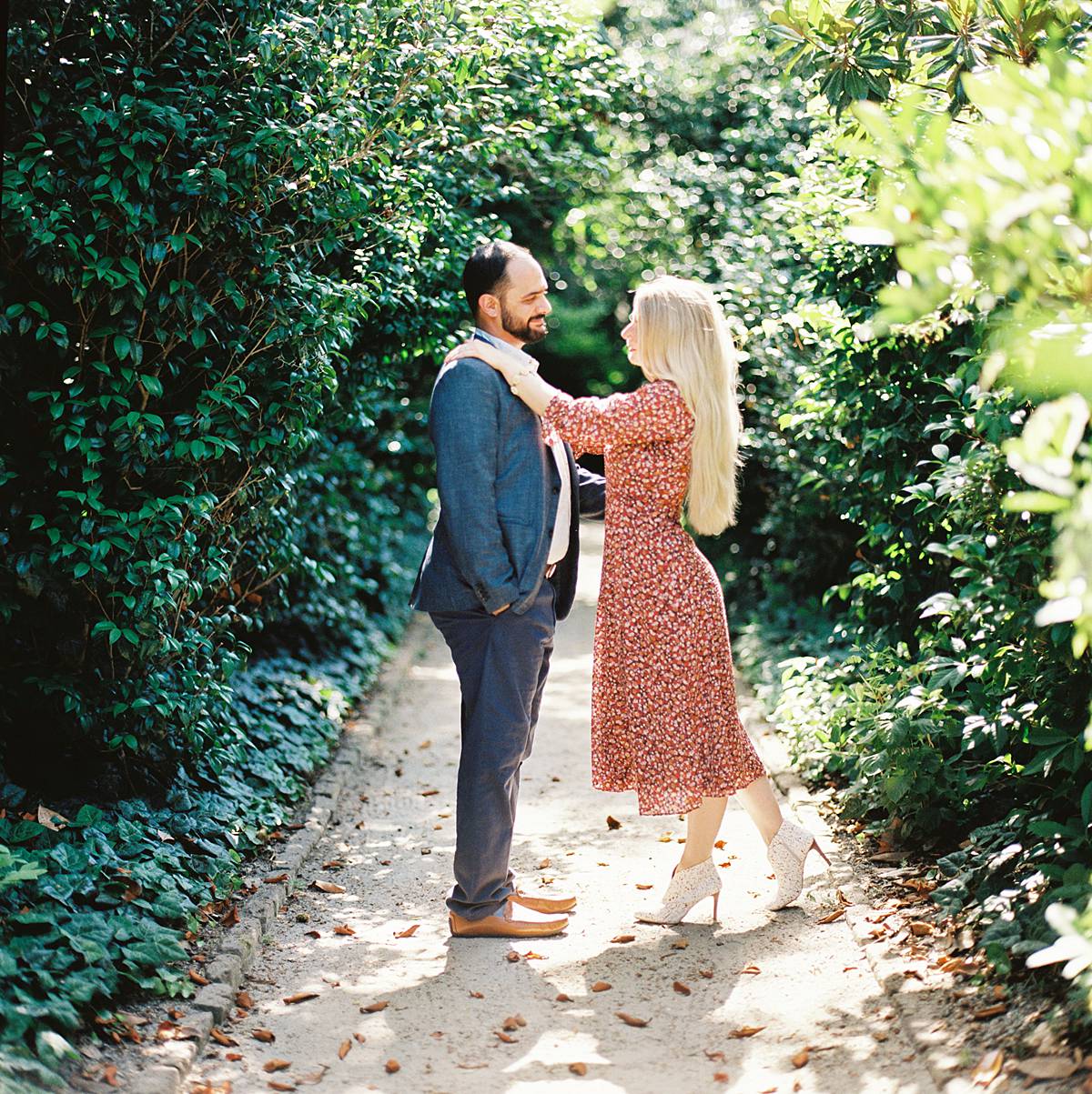 destination wedding photographer engagement session portrait on kodak portra 800 film at Middleton Place 