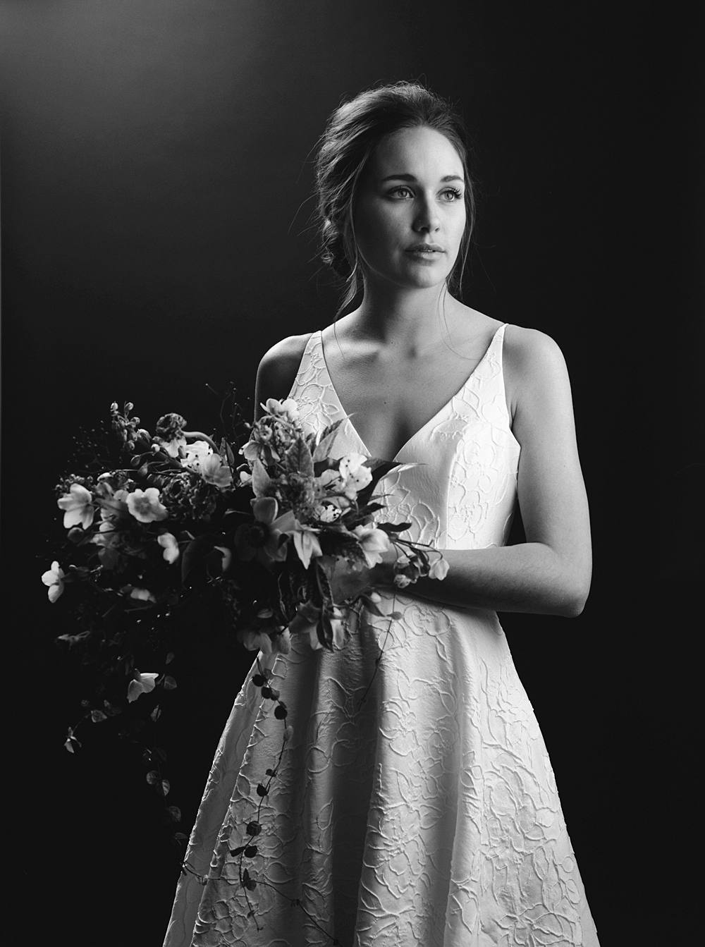 charleston wedding bridal portrait on black and white kodak tmax 400 film at studio sixty reid in South Carolina