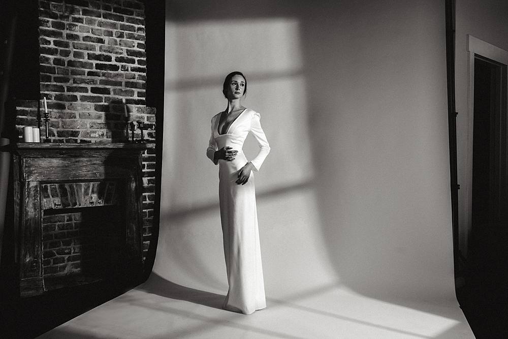 Classic studio fashion editorial on black and white film with a