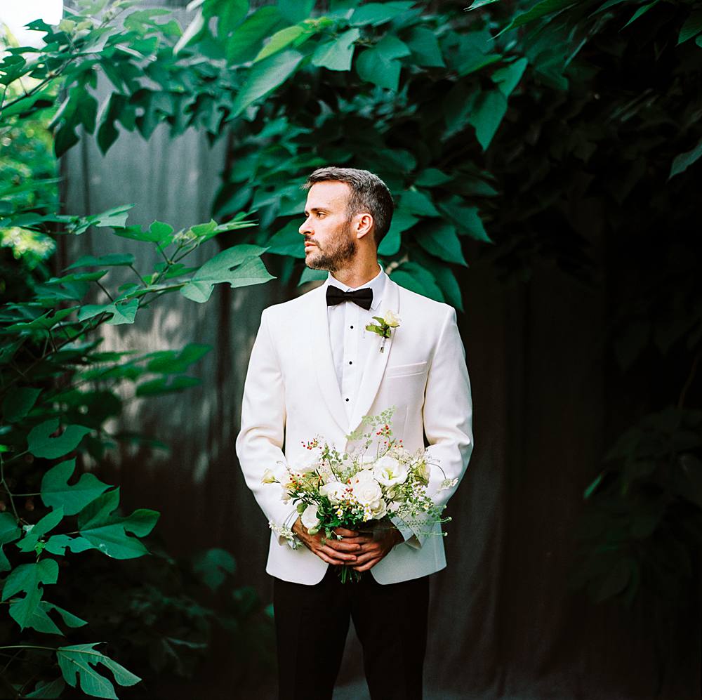 groom bouquet wedding flowers on kodak portra 800 film through hasselblad 202fa in charleston sc portrait studio