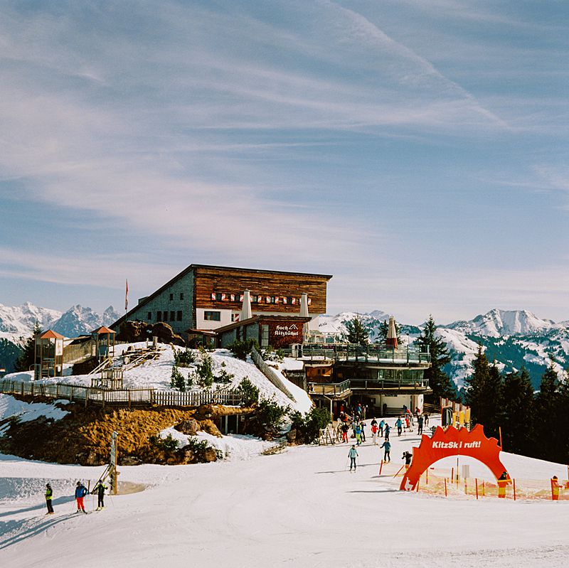 kitzhubel ski resort on medium format kodak portra 800 film at top of mountain resort