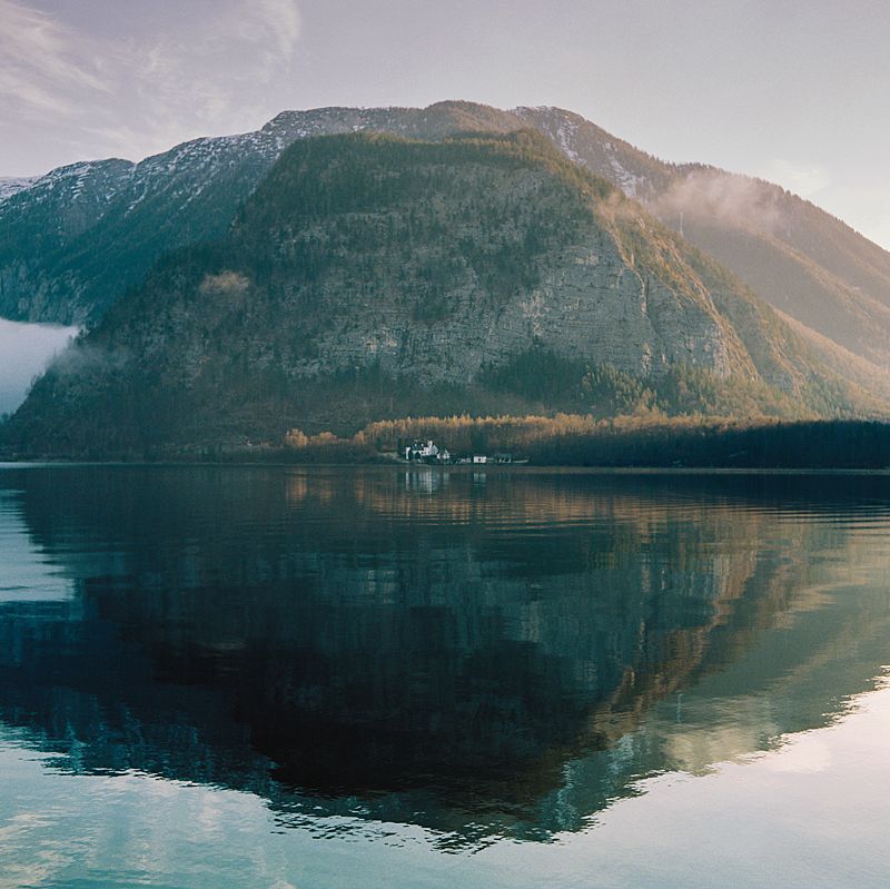 halstatt lake view during sunrise on medium format kodak film overlooking lake and mountains