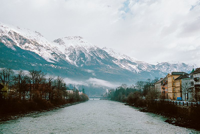 innsbruck river with mountain on kodak portra 160 35mm film shot through leica m-a film camera and summilux 50mm lens
