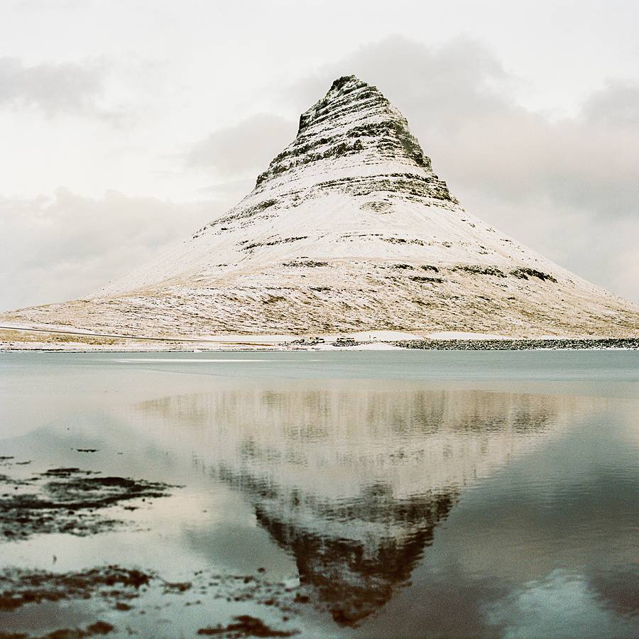 iceland kirkjufell mountain on medium format kodak film in november covered in snow on fuji gf670